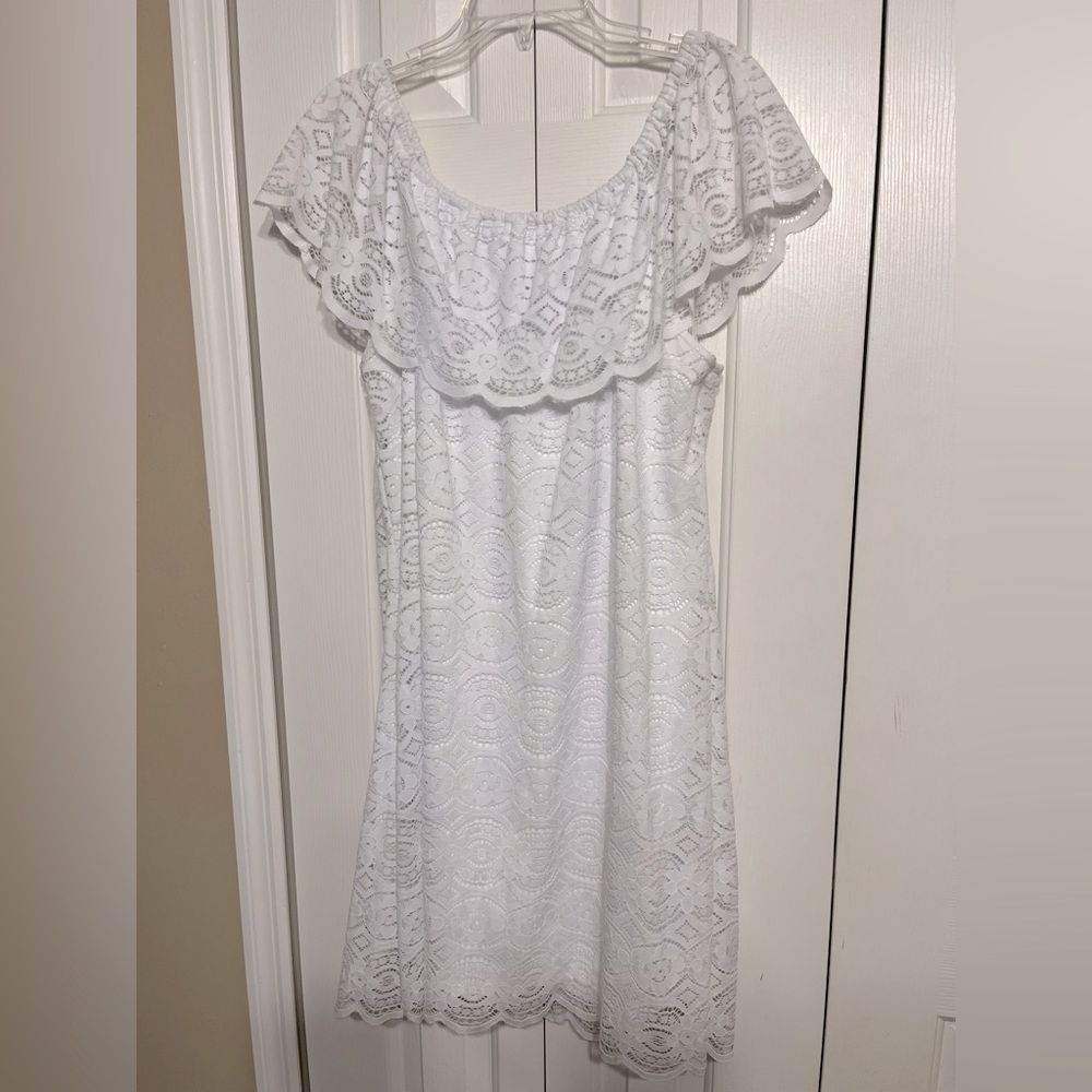 Beautiful bright white lace off the shoulder dress.